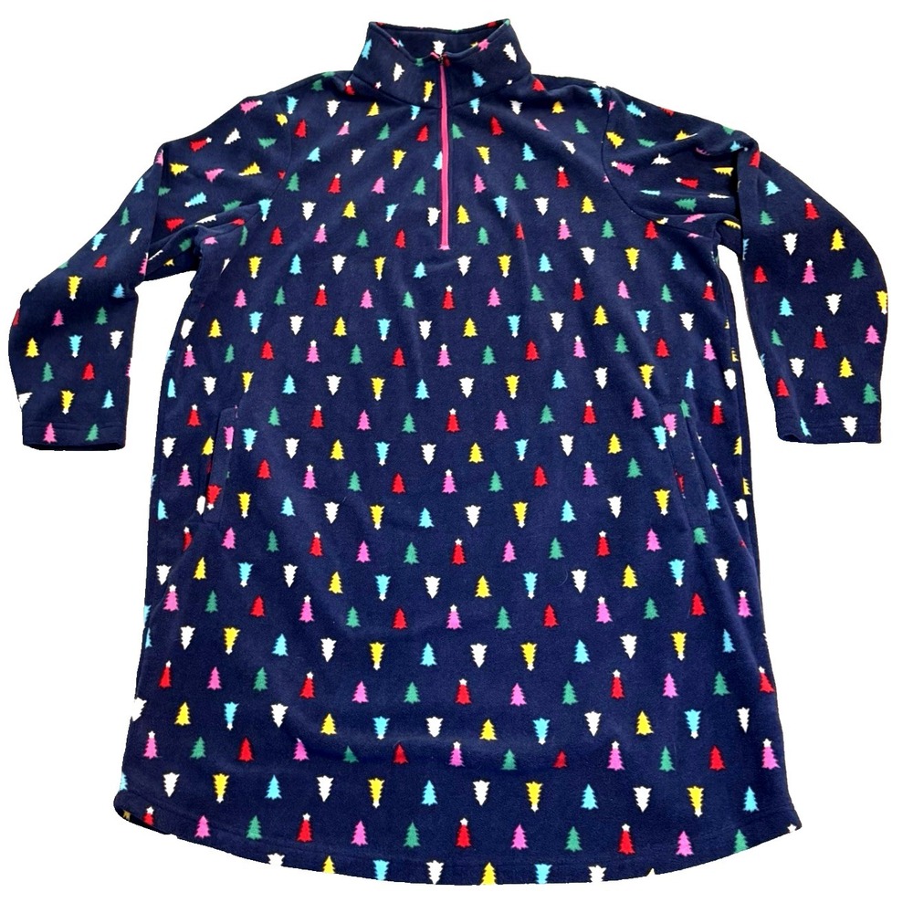 Lands End Womens Nightgown Fleece 2X Quarter‎ Zip Christmas Tree Multicolor Blue